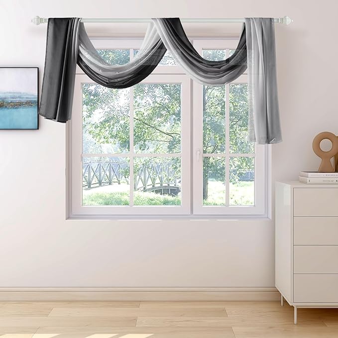 NAPEARL Ombre Window Scarf Valance, Romantic Gradient Voile Scarf Valance for Ceremony Backdrop, Wedding Arch, Kids Bedroom, Decorative Swag Curtain 144 Inches, Black