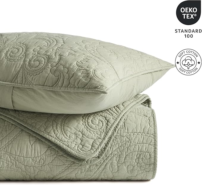 EVERGRACE 100% Cotton Paisley Quilt Set, King Size 3 Piece Set – Prewashed Lightweight Bedspread with 2 Shams, Soft & Breathable Matelasse Coverlet for All-Season Comfort, Light Sage Green