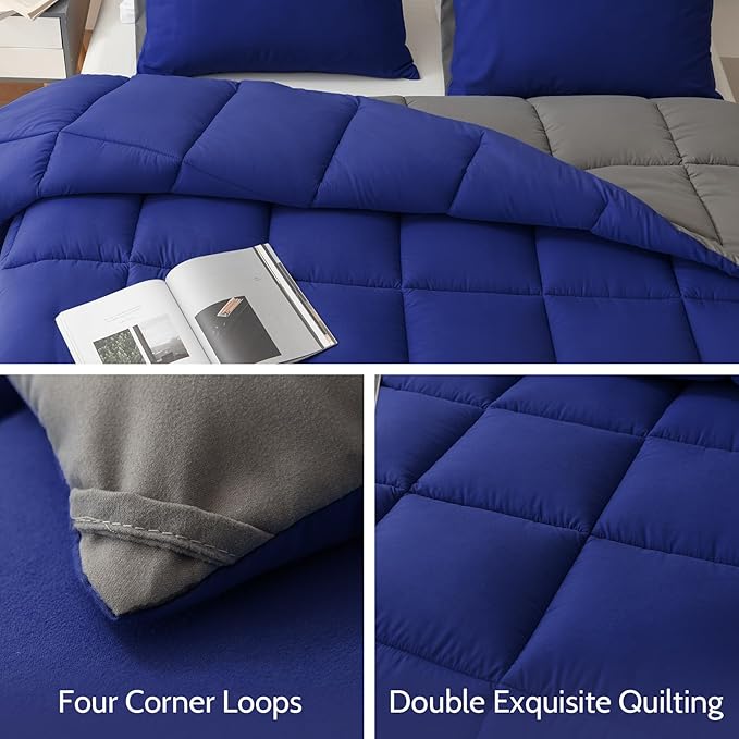 Decroom Lightweight Queen Comforter Set with 2 Pillow Sham - 3 Pieces Set - Quilted Down Alternative Comforter/Duvet Insert for All Season - Blue/Grey - Queen Size