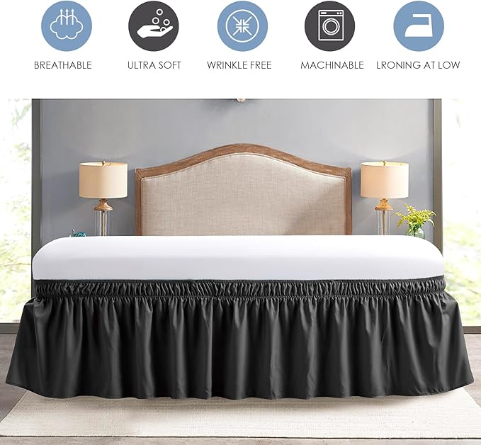 FreshCulture Twin Bed Skirt, Elastic Wrap Around Bed Skirt Twin Bed, Easy Fit with 15-Inch Tailored Drop, Hotel Quality Bed Skirts for Adjustable Bed (Black)