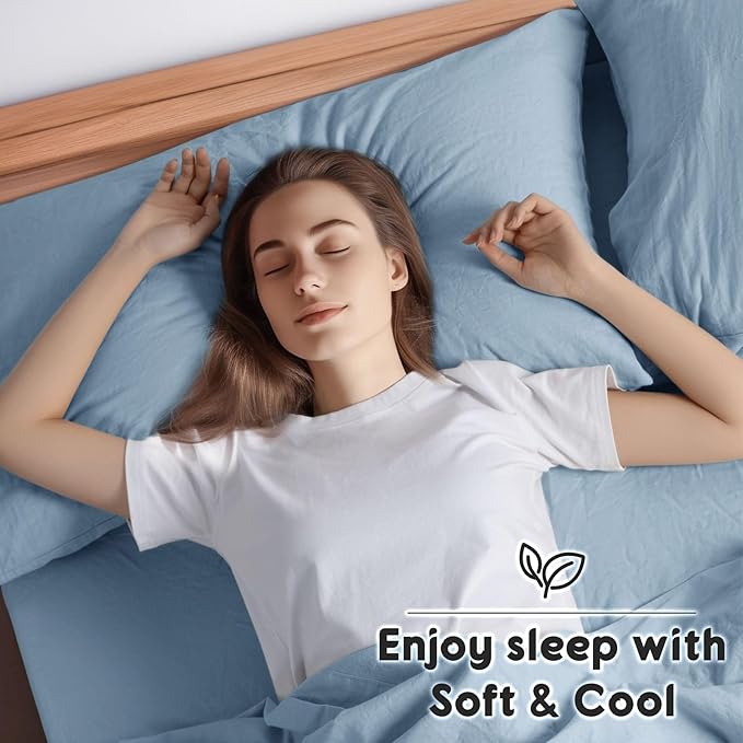 SONORO KATE 100% French Pure Linen Sheets, Breathable and Durable Queen Size Sheets, 16 Inch Deep Pocket - 4 Piece (Dusty Blue)