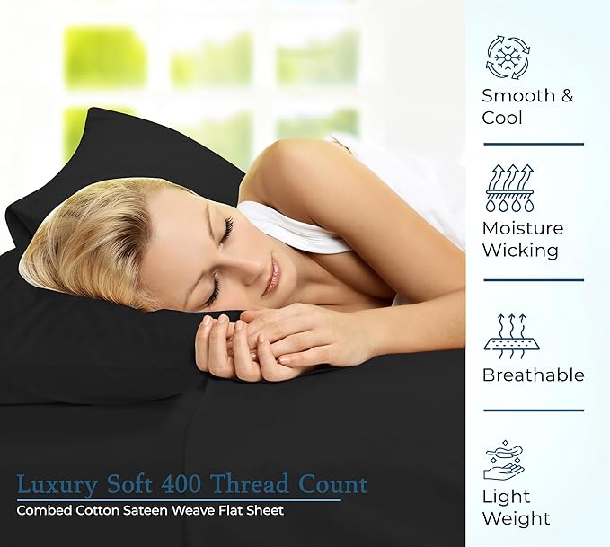 Royale Linens 400 Thread Count 100% American Grown Cotton Flat Sheet - Cooling Sheets - Twin Sheets - Luxury Sateen Weave - Twin Flat Sheet Sold Separately - Black Flat Sheet Only (Twin, Night Black)