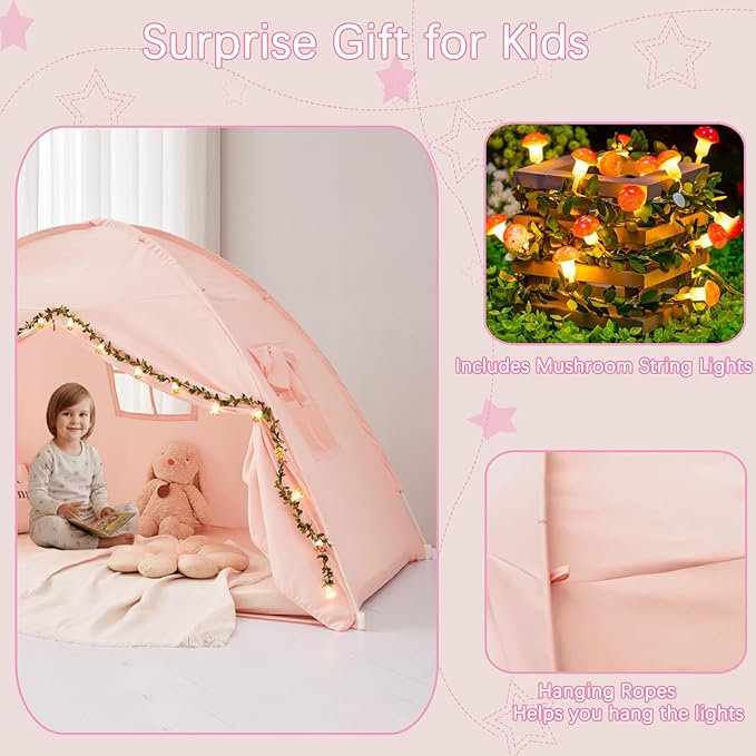 Akiky Bed Tent Bed Canopy Twin Size with Bottom,Kids Tent Indoor Floor Bed with Mushroom Lights Portable Foldable Bunk Bed Curtains for Girls Boys(Pink,Twin)