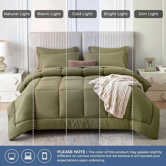 Sasttie California King Comforter Set, 7 Pieces Cal King Bed in a Bag, Complete Bedding Set Includes Comforter, Flat Sheet, Fitted Sheet, Pillowcases and Pillow Shams, Olive