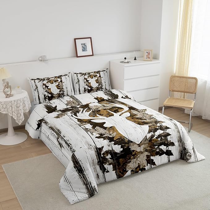 Feelyou Camo Deer Comforter Set Queen Size Deer Antlers Army Camouflage Bedding Set Boys Girls Hunting Comforter Set Animal Duvet Insert Bed Set 3Pcs