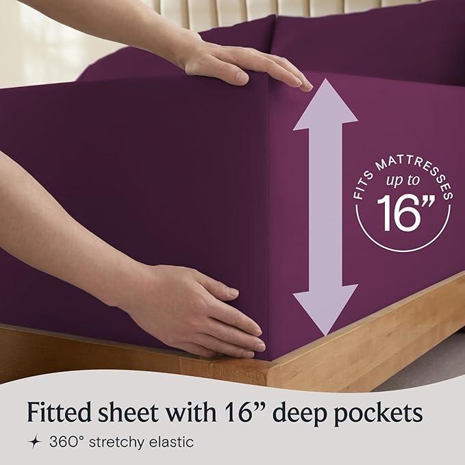 LuxClub 4 PC Queen Sheet Set, Deep Pockets Wrinkle Free Cooling Bed Sheets Hotel Bedding for Women, Men, Includes 1 Fitted Sheet, 1 Flat Sheet and 2 Pillowcases-Soft Eggplant