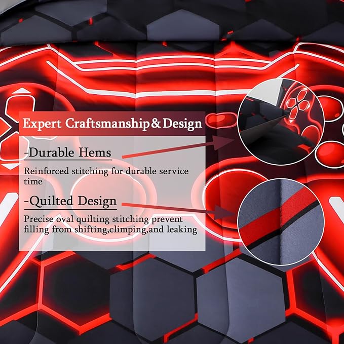 JQinHome Twin Size Gaming Bedding Set 6-Piece Comforter for Boys Teens - 3D Video Game Print Bed in a Bag with Sheets, Red Cool Black Design (Twin)