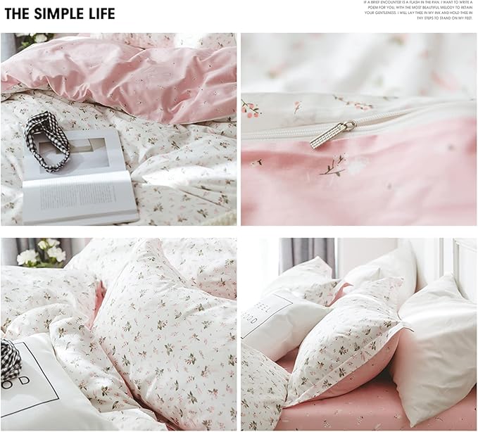 HighBuy Girl Floral Duvet Cover Queen Cotton Pink Flower Coquette Bedding Comforter Covers Queen Bedding Set Pink White Lightweight Soft for Girls Garden Style Duvet Cover for Children