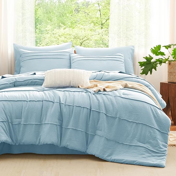 CozyLux King Size Comforter Set Light Blue, 7 Pieces Soft Pinch Pleat Bed in a Bag King Comforter Set with Sheets, Boho Bed Set with Down Alternative Comforter, Sheets, Pillowcases & Shams