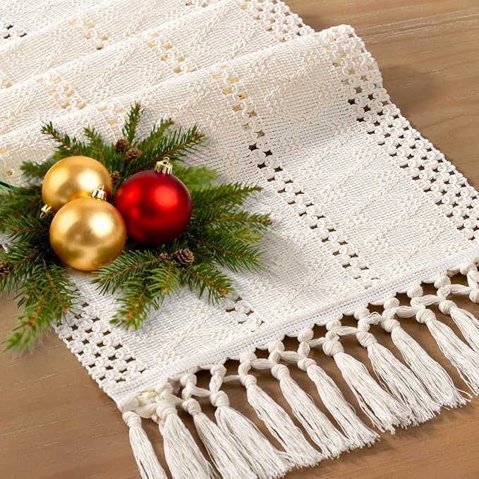 Socomi Boho Table Runner Macrame Easter Spring Farmhouse Woven Cotton Linen Rustic Coffee Table Runner with Tassels for Dresser Scarf Home Decor Dining Room 12x90 inch Cream Ivory