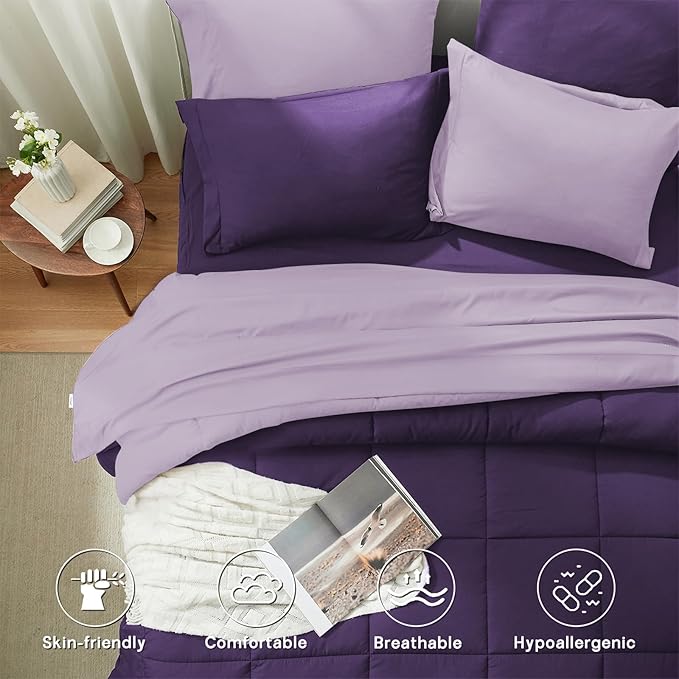 Anluoer King Comforter Set,Dark Purple&Light Purple Bed in a Bag 7 Piece,Lightweight Bedding Set with Down Alternative Fill,Bed Set Includes Comforter, Fitted Sheet, Flat Sheet,Pillowcases and Shams