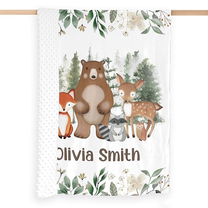 Personalized Baby Blankets for Girls, Baby Blanket for Girls with Name, Soft Plush Receiving for Newborns - Essential Baby Items, Woodland Bear 35x45 Inches