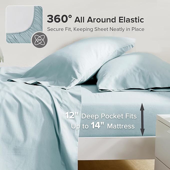 Comfort Spaces 100% Cotton Sheets Twin XL, Breathable, Soft Cotton Sheets, Naturally Cool Cotton Bed Sheets,12" Elastic Pocket Fits up to 14" Mattress, All Season Sheet Set, Twin XL Light Blue 3 Piece