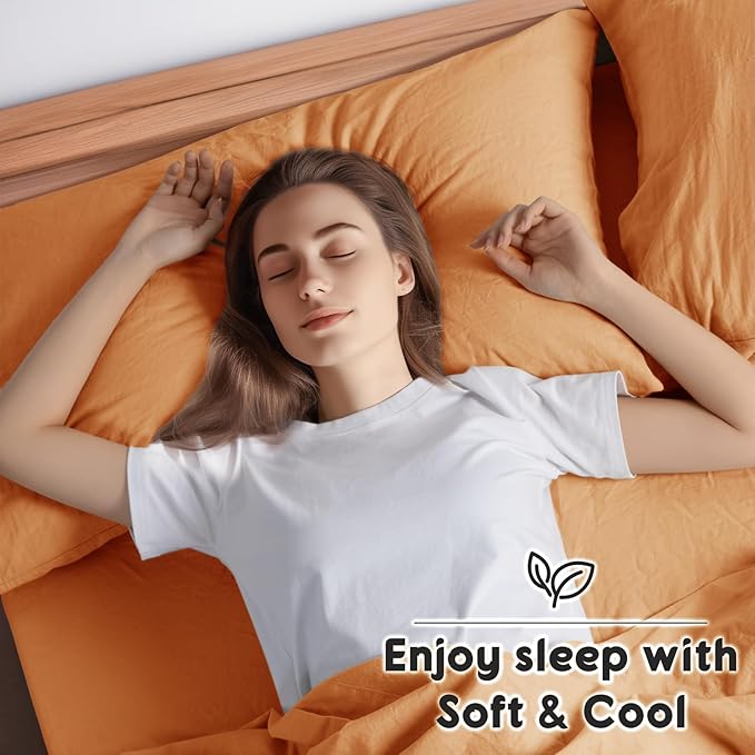 SONORO KATE 100% French Pure Linen Sheets, Breathable and Durable Linen King Size Sheets, Anti-Tear Linen Bed Sheets, Machine Washable, 16 Inch Deep Pocket - 4 Piece (Orange, King)