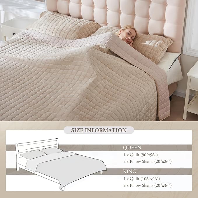 Luxury Velvet Quilt Set King Size, Comforter Set with Pillow Shams, Soft Lightweight Bedspread Coverlet Bedding Sets for All Seasons, Light Khaki