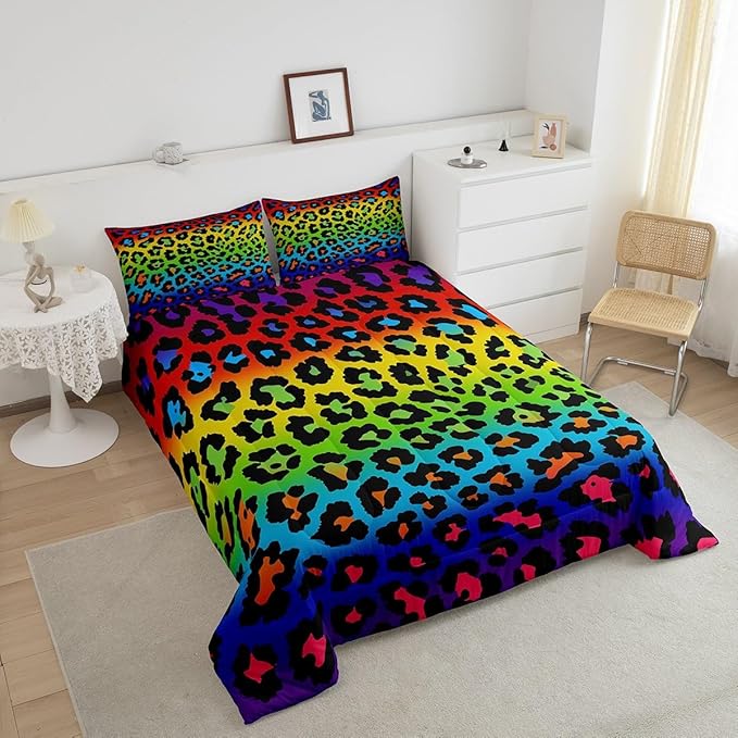 Girls Colorful Leopard Comforter Set Queen Size Women Cheetah Printed Bedding Comforters Africa Leopard Pattern Bedroom Decor Down Alternative Comforter for All Season Rainbow Leopard Print Quilt Set