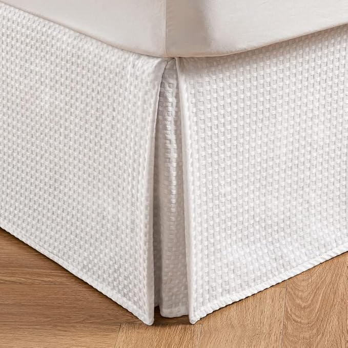MIYE Pleated Waffle Weave Bed Skirt, Tailored Dust Ruffle 22 Inch Drop Easy Fit, Machine Washable (White, Queen - 22" Drop)