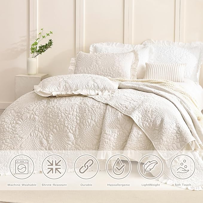Lady Ann Cal King Size Wheat Quilt Set 118x106, Stone-Washed Bedspreads Sets for Bed, Lightweight & Ultra-Soft 3 PCS Quilted Blanket Crinkled Shabby and Chic Coverlet for All Season