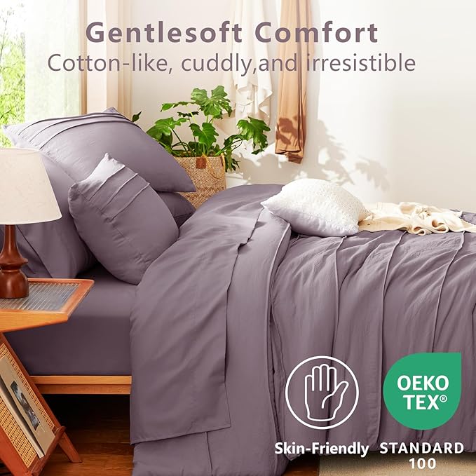 CozyLux Queen Comforter Set Dusty Purple, 7 Pieces Soft Pinch Pleat Bed in a Bag Queen Comforter Set with Sheets, Boho Bed Set with Down Alternative Comforter, Sheets, Pillowcases & Shams