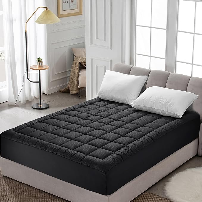HYLEORY Full Mattress Pad Quilted Fitted Mattress Protector Cooling Pillow Top Mattress Cover Breathable Fluffy Soft Mattress Topper with 8-21" Deep Pocket, Black