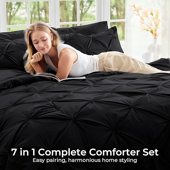 Sasttie Full Size Comforter Set, 7-Piece Bed in a Bag, Pintuck Bedding Set for All Season, Includes Comforter, Flat Sheet, Fitted Sheet, Pillowcases and Pillowshams, Black