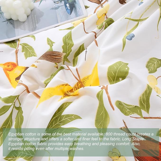 URBONUR 100% Cotton Percale Duvet Cover Set Queen Size 3 PCS Soft Breathable Botanical Bedding Set Green Leaves and Birds Printed on White Duvet Cover, Corner Ties Button Closure