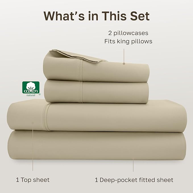 California Design Den California King Sheet Sets - Soft 400 Thread Count Sateen, 100% Cotton Bed Sheets with Deep Pockets, Breathable, and Durable Bedding Set - Beige (Golden Tone)