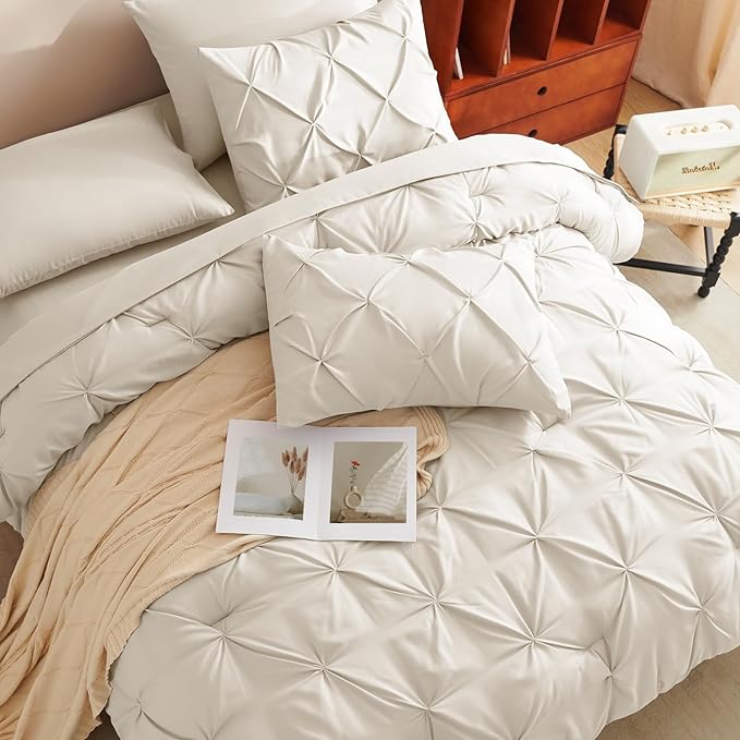 CozyLux California King Comforter Set Oatmeal - 7 Pieces Cal King Pintuck Bed in A Bag Gift for Family, Pinch Pleat Bedding Sets with All Season Comforter, Sheets, Pillowcases & Shams