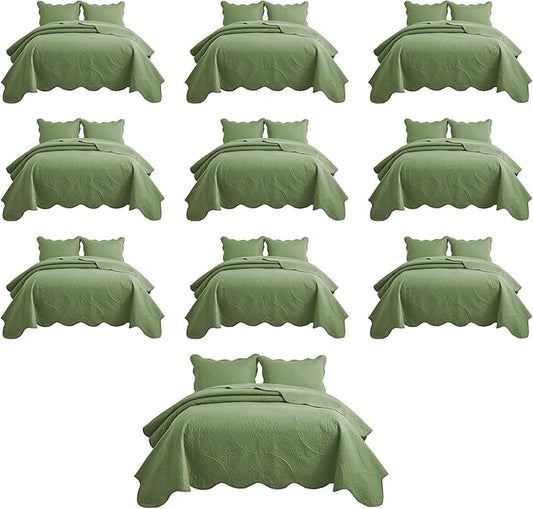 IR Imperial Rooms 10 Pack Queen Quilt Bedding Set (90" x 96") - Bulk Wholesale for Hotels, Guest Bedroom & Airbnbs - Lightweight Microfiber Reversible Floral Embossed Quilts Bedspreads (Olive Green)