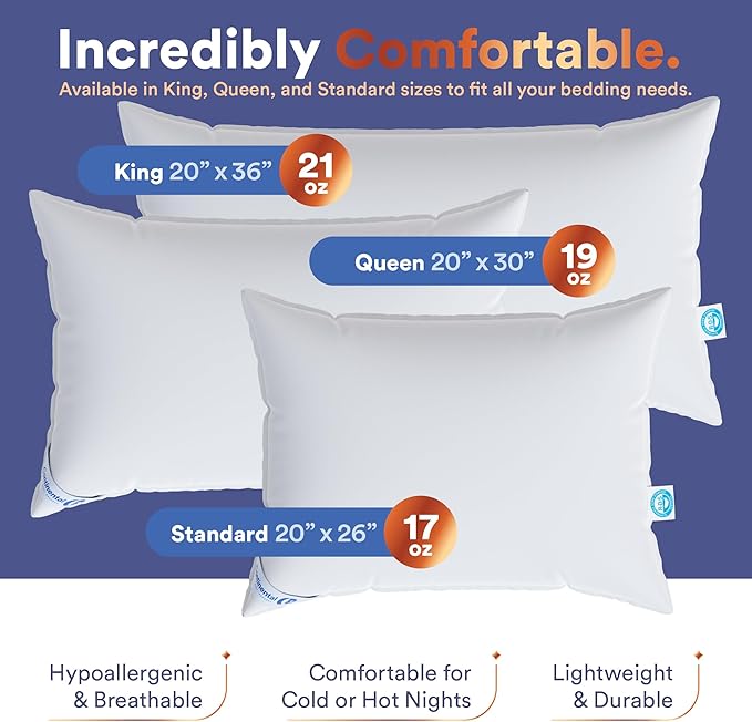 Continental Bedding Siberian Goose Down Pillow 800 Fill Power White Goose Down 400 Thread Count 100% Cotton Shell Soft Medium Firm Loft Options Handcrafted in USA