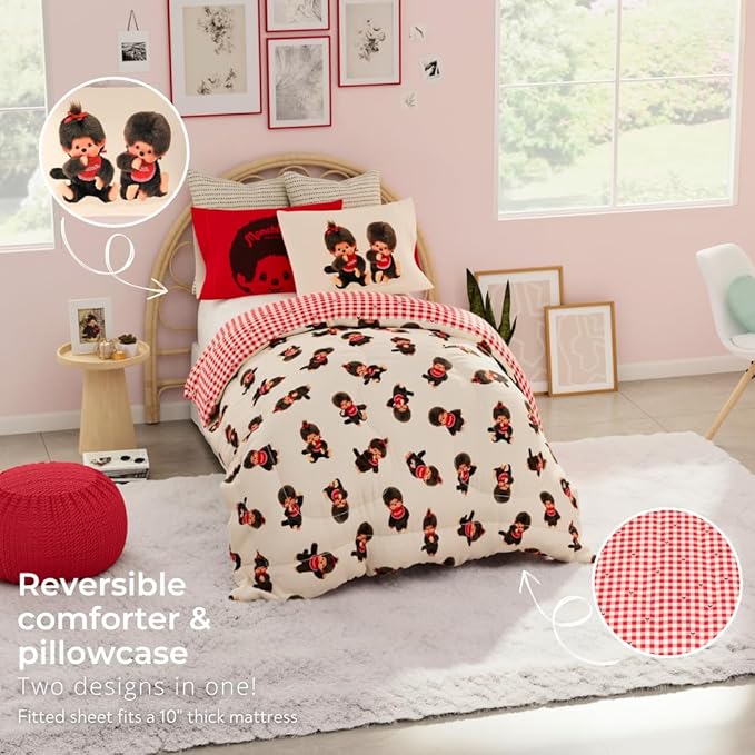 Monchhichi Bedding 5 Piece Twin Bed Set, Soft Cozy Nostalgia Reversible Comforter and Sheet Set with Sham, Officially Licensed Product by Franco