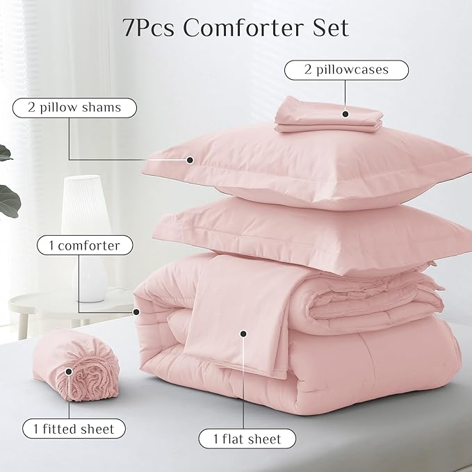 JOLLYVOGUE California King Comforter Set, Ultra-Soft Bed in a Bag Cal King Size 7 Pieces, Oeko-TEX Certified Bedding Set with Down Alternative Comforter, Sheets, Pillowcases & Shams, Blush Pink