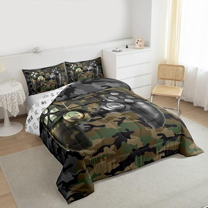 Feelyou Kids Gamer Comforter Set Camouflage Gaming Bedding Set for Boys Teens Bedroom Green Black Camo Video Game Decor Comforter Gamer Console Quilt Set Twin Size Duvet Quilted 2Pcs