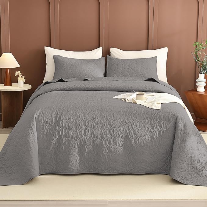 Lady Ann Gray Oversized King Bedspread 120x120, 3Pcs Extra Large Farmhouse Lightweight King Quilt Bedding Set Gray Soft Quilted Leaves Pattern Printed Bedspreads for All Season