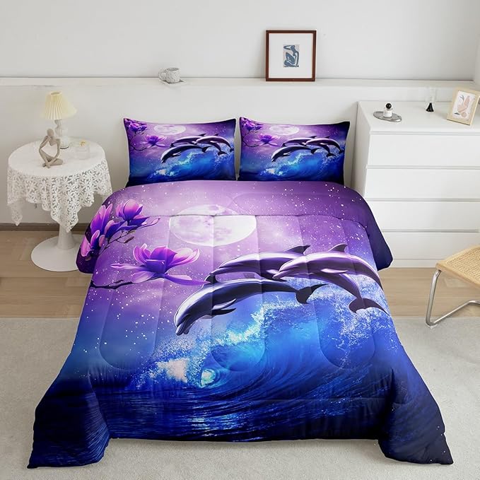 Erosebridal Galaxy Dolphin Comforter Set Full,Coastal Ocean Waves Comforter Sky Starry Moon Stars Cherry Blossoms Bedding Set for Girls Teen yough Women Sea Animal Quilted Duvet Purple Blue 3 Pcs