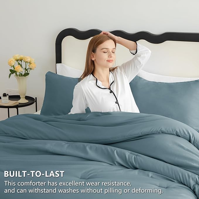 CozyLux Queen Comforter Set Mineral Blue, 3 Pieces Solid Queen Comforter Breathable Quilted Bedding Sets, Luxury Soft Bed Set with Down Alternative Comforter All Season (1 Comforter & 2 Pillowcases)