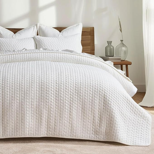 EverGrace Luxury Quilt Set King Size 3 Piece, Soft Cross-Stitch Comforter Set with Pillow Shams, Lightweight Coverlet Bedspread for All Seasons, Bright White