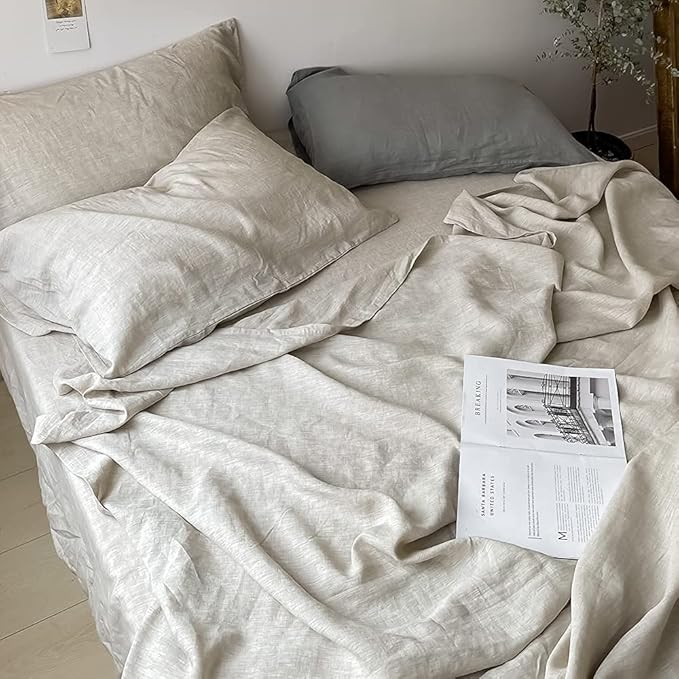 Simple&Opulence Washed Linen Bed Sheet Set Basic Style 4 Pieces (1 Flat Sheet & 1 Fitted Sheet & 2 Pillowcases) 100% Natural French Flax Soft Breathable Farmhouse Bedding (King, Linen)