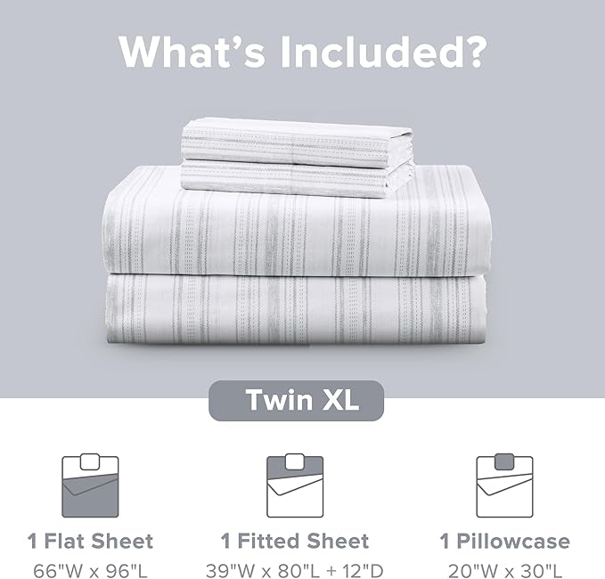 Comfort Spaces 100% Cotton Sheets Twin XL, Breathable, Naturally Cool Cotton Sheets, Cotton Bed Sheets with 12" Elastic Pocket Fits up to 14" Mattress, All Seasons Sheet Set, Good Vibes Grey 3 Piece