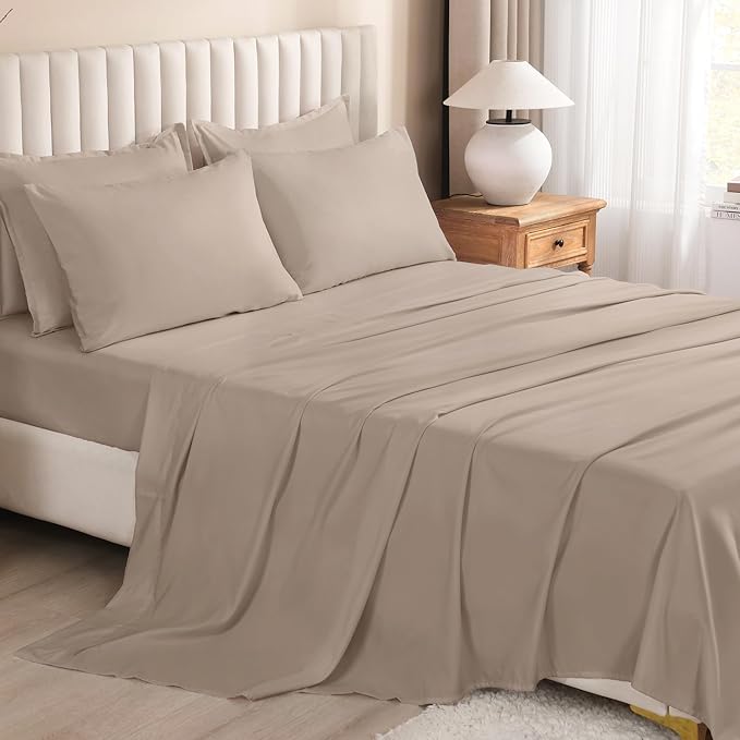 Litanika Full Size Comforter Sets Light Coffee - 7 Pieces Bed in a Bag Beddding Sets, Solid Lightweight Bed Set with Comforter, Sheets, Pillowcases & Shams