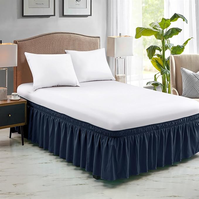 FreshCulture King Bed Skirt, Dust Ruffle for King Size Bed, Easy Fit with 15-Inch Tailored Drop, Elastic Wrap Around Bed Skirt King Size, Hotel Quality Bed Skirts for Adjustable Bed (Navy Blue)