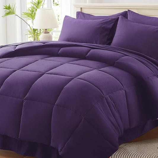 Anluoer California King Size Bed in a Bag 7 Pieces,Dark Purple Cal King Comforter Set with Sheets,All Season Bedding Sets with Comforter,Pillow Shams,Pillowcases,Flat Sheet,Fitted Sheet