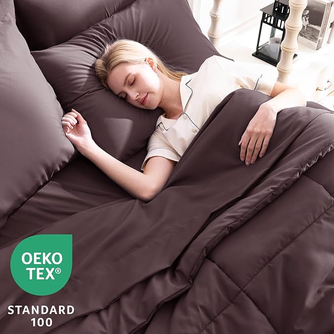 CozyLux Queen Size Comforter Sets Cocoa Powder, 7 Pieces Bed in a Bag, Cocoa Powder Comforter Queen Size, All Season Bedding Sets with Stitch Quilted Comforter, Flat Sheet, Fitted Sheet, Pillowcases