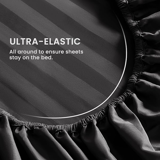 SLEEP ZONE Striped Cooling Queen Sheets Set - Fitted Flat Sheet & Pillowcase Sets 4 Piece - Super Soft Stripe Bed Sheet, Easy Care, Deep Pocket (Black, Queen)