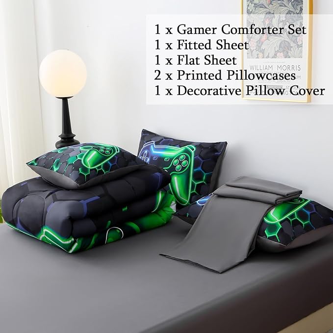 JQinHome Queen Gaming Bedding Set 6-Piece Comforter for Kids Teens - 3D Video Game Console Print Bed in a Bag with Ultra-Soft Fluffy Sheets, Blue-Green Unisex Design (Queen)