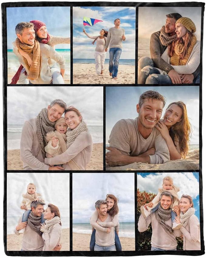 Custom Blanket with Picture, 8 Photos Customizable Blanket Personalized Blankets Family Memory Gift for Dad Mom Grandpa Grandma