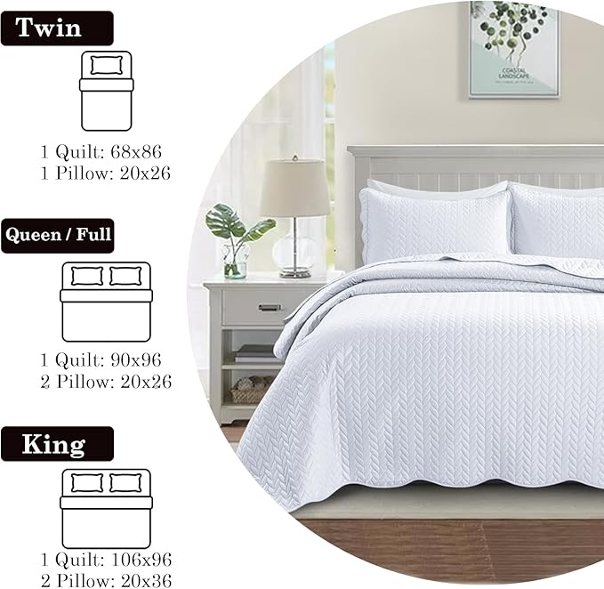 IR Imperial Rooms King Quilt Bedding Set Size (106" x 96") + 2 Pillow Shams (20" x 36"+ 2") - 3 Pcs All Season Lightweight Reversible Microfiber Coverlet Embossed Quilt Bedspread (White)