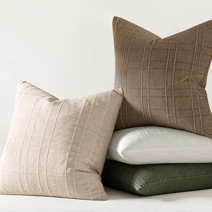 MIULEE Decorative Linen Check Throw Pillow Covers Neutral Farmhouse Vintage Pillow Covers 20x20 Set of 2 Boho Modern Home Decor for Sofa Couch Bedroom Cushion Natural Beige