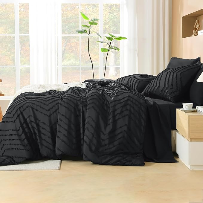 Litanika Oversized King Size Comforter Set with Sheets Black - 7 Pieces Bed in a Bag Oversized King Boho Tufted Complete Bedding Sets with Comforter, Sheets, Pillowcases & Shams
