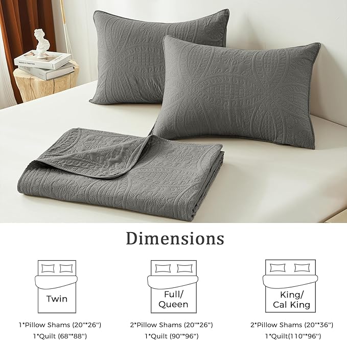 akkialla Dark Grey Full/Queen Quilt Set, Ultrasonic Lightweight Bedspread Coverlet for Modern Minimalist Bedroom, Soft Microfiber Coin Pattern Bedding, 3-Piece (1 Quilt, 2 Pillow Shams) | Breathable fabric
